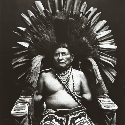 Prompt: vintage photo of an aztec king on his throne by edward s curtis, photo journalism, photography, cinematic, national geographic photoshoot
