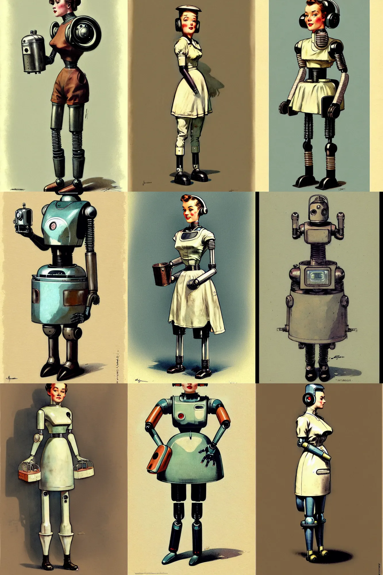 Prompt: 1 9 5 0 fullbody portrait retro future robot android maid. muted colors. by jean - baptiste monge