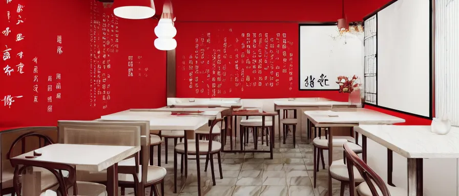 Image similar to a beautiful simple interior render of roasted string hotpot restaurant restaurant yan'an, wall corner, from china, red paper wall and white tile floor, rectangle white porcelain table, fine simple delicate structure, chinese style, simple composition, simple style structure decoration design, victo ngai, 4 k hd