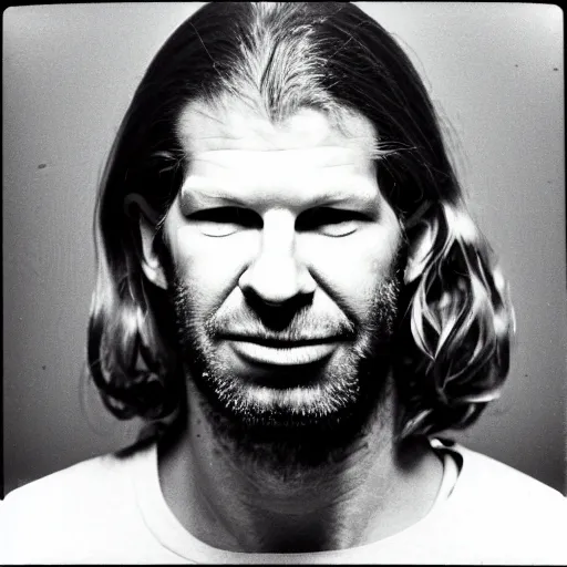 Image similar to Mugshot Portrait of Aphex Twin, taken in the 1970s, photo taken on a 1970s polaroid camera, grainy, real life, hyperrealistic, ultra realistic, realistic, highly detailed, epic, HD quality, 8k resolution, body and headshot, film still, front facing, front view, headshot and bodyshot, detailed face, very detailed face