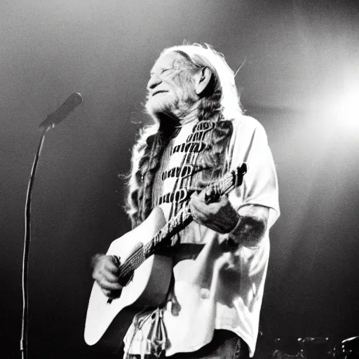 Prompt: willie nelson on stage, detailed image, four fingers holding guitar. god rays through fog.