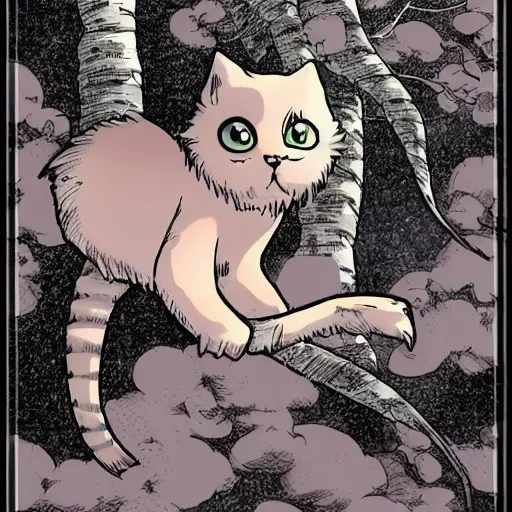 Prompt: a cat over a tree in manga characters, dc comic style, very detailed