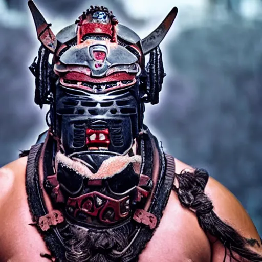 Prompt: big buff very strong very buff samurai wearing a cybernetic oni mask, hd movie still