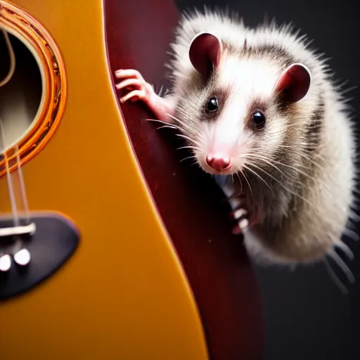 Prompt: photoshoot of an virginia opossum clinging to a guitar, studio lighting, national geographic style, 5 0 mm