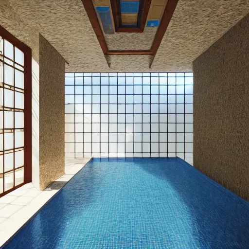 Image similar to a large swimming pool with a tiled ceiling, an album cover by ricardo bofill, behance, photorealism, vray tracing, vray, chillwave