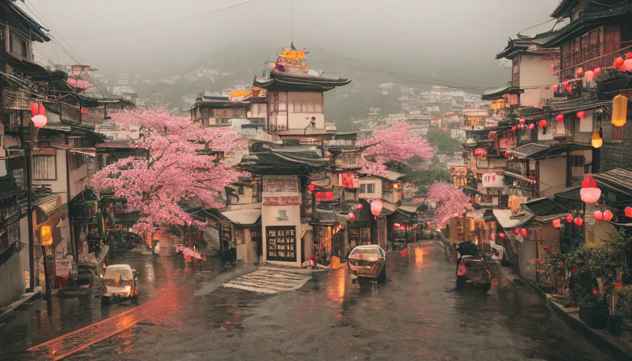 Image similar to a Wes Anderson 35mm film still of a very surreal magic small mountain town, like Jiufen and Kyoto, golden hour, falling cherry blossom pedals, in the style of Gucci, James Jean color palette, glowing warm lights and floating lanterns, foggy atmosphere, rainy, moody, muted colors, magic details, high detail, high resolution, 8k, cinematic look, octane render, psychedelic,