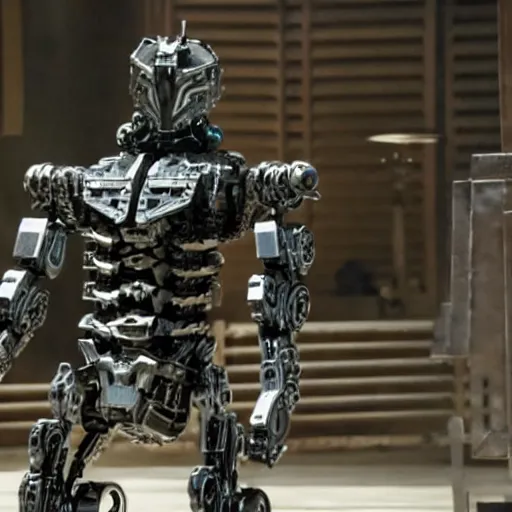 Prompt: cinematic still from westworld and real steel, very close shot of intricate ornate armored core upper body by fujioka kenki and by mamoru nagano,