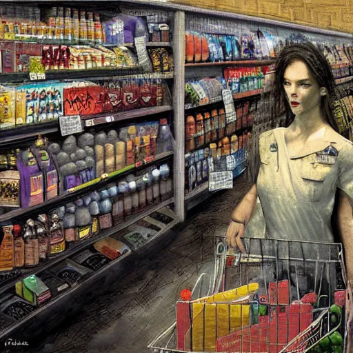 Prompt: a fallen angel stands at the checkout in the supermarket, digital art, by enki Bilal, hyper realistic