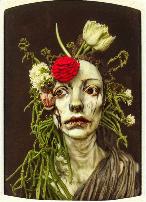 Image similar to beautiful and detailed rotten woman made of plants and many types of stylized flowers like carnation, chrysanthemum, roses and tulips, intricate, john constable, guy denning, gustave courbet, caravaggio, romero ressendi 1 9 1 0 polaroid photo