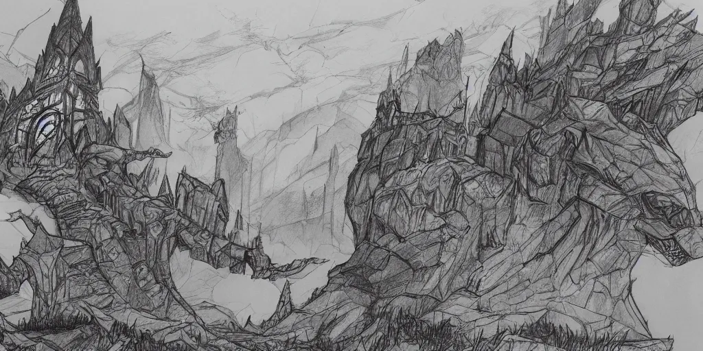 Image similar to concept artwork for a fantasy world, drawn by luke adam hawker, sketches, pencil drawings, ink and pen.