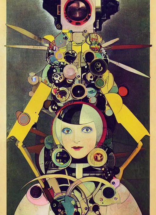 Prompt: cute punk goth fashion fractal mecha girl wearing a television tube helmet and kimono made of circuits and leds, surreal Dada collage by Man Ray Kurt Schwitters Hannah Höch Alphonse Mucha Beeple