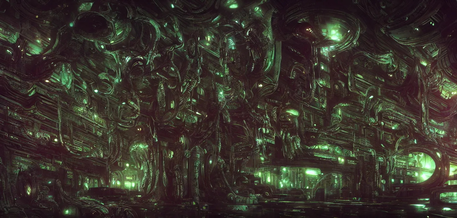 Image similar to city prometheus biological sci - fi environment set close - up, ship control panel close - up, in a nightmarish universe of odd forms and somber tapestry, hr giger and vincent di fate, vivid color scheme, featured in artstation, octane render, cinematic, elegant, intricate, 8 k