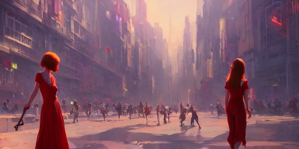 Image similar to gorgeous bright girl holding a red flag wading through fractal city and crowd by Craig Mullins, ilya kuvshinov, krenz cushart, artgerm trending on artstation by Edward Hopper and Dan Mumford and WLOP and Rutkovsky, Unreal Engine 5, Lumen, Nanite