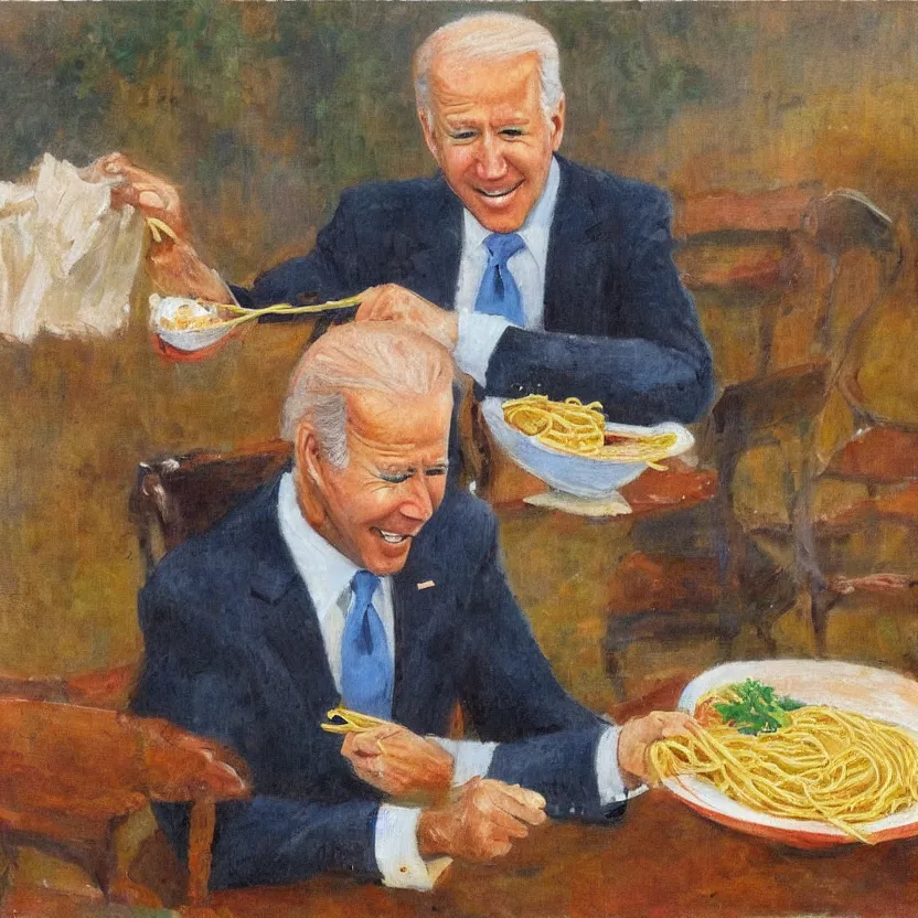 Prompt: impressionist biden eating spaghetti