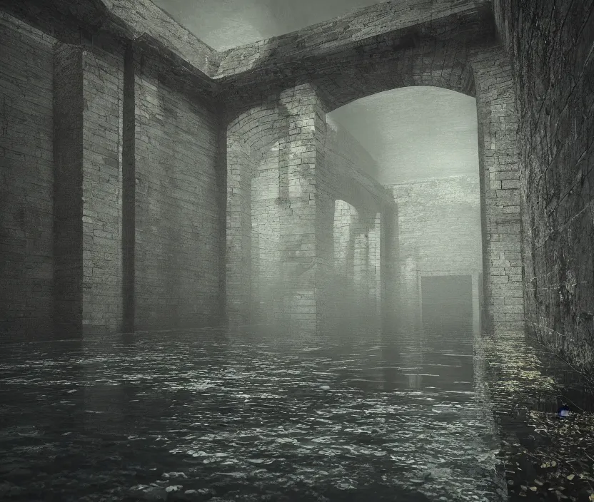 Image similar to tiled room squared waterway, aqueducts, gloomy and foggy atmosphere, octane render, artstation trending, horror scene, highly detailded