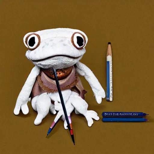 Prompt: frog cleric as an albino chibi muppet plush wearing a big dark wolf pelt headdress and carrying a tiny sketch book and pencil, photorealistic, photography, national geographic, sesame street