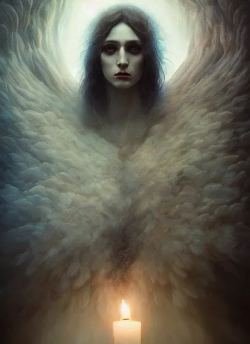 Prompt: Her huge ominous glowing blue eyes staring into my soul , perfect eyes, soft pale white skin, agostino arrivabene, Tomasz strzalkowski, twisted dark lucid dream, 8k portrait render, raven angel wings, swirling thick smoke , beautiful lighting, dark fantasy art, rococo, cgsociety