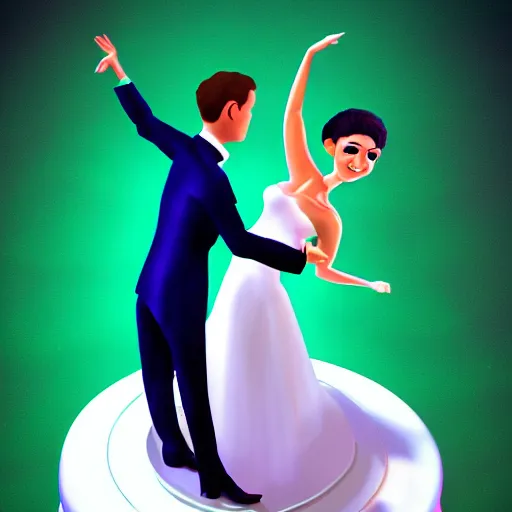 Image similar to exaggerated image of a bride and groom dancing on top of a cake, a rotoscoped image, rotoscoping, digital art, artstation, award winning image