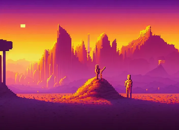 Image similar to detailed pixel art, science fiction pc game point - and - click adventure, lucas arts, desert with city in the skyline, two suns, purple orange colors, sharp focus, illustration, highly detailed, digital painting, concept art, matte, art by wlop and artgerm and greg rutkowski, masterpiece