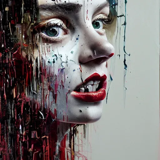 Prompt: portrait of a woman, paint spit on canvas, by alexa meade and lee ellis, highly detailed, sharp, in focus, matte painting, mixed media