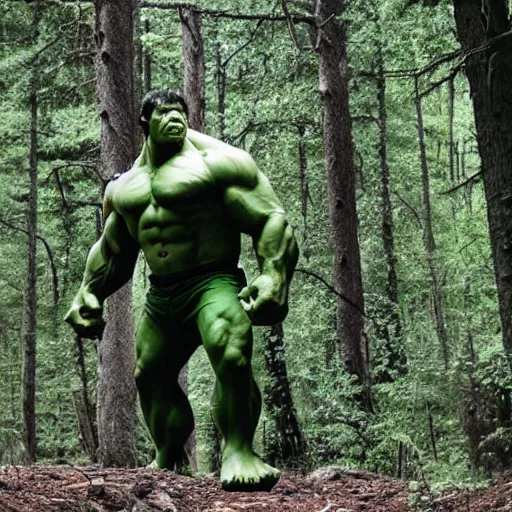 Prompt: the Incredible Hulk as a Sasquatch in the forest