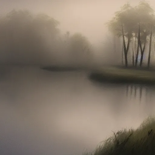 Prompt: artistic swamp with mystic fog, vegetation, water in the foreground, from horror movies, artstation