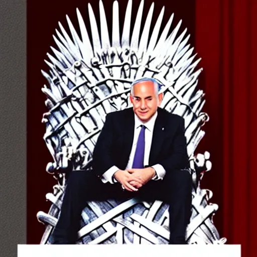 Image similar to “Benjamin Netanyahu sitting on the iron throne, 4k, award winning, realistic, scene from game of thrones”