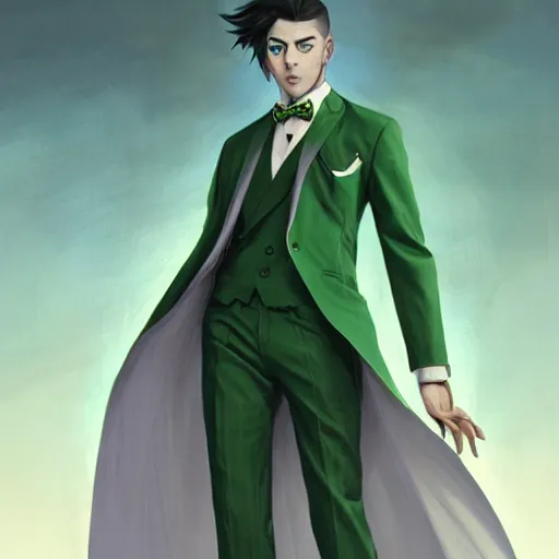 Image similar to a half human half owl creature wearing a green tuxedo suitCharacter design by charlie bowater, ross tran, artgerm, and makoto shinkai, detailed, inked, western comic book art, 2021 award winning painting,digital art,ultra realistic,ultra detailed,art by greg rutkowski,hyperdetailed,photorealistic