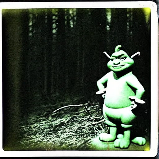 Image similar to 1 9 6 0's old polaroid of shrek staring from the depths of the dark gloomy forest, photorealistic, grainy, found footage, old film, low quality, horror, creepy, unsettling, liminal, strangely terrifying