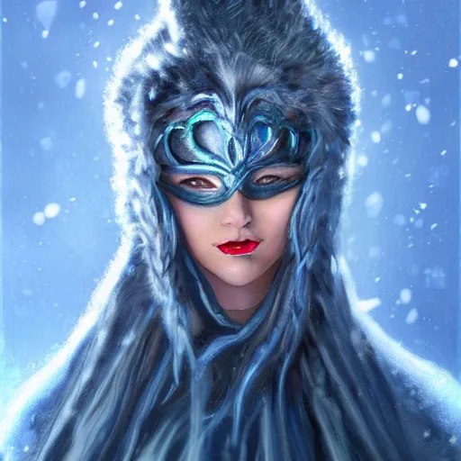 Image similar to art, bandit from ‘ icewind dale ’ and ‘ icewind dale heart of winter ’, with a frost blue gem mask lined with copper, ‘ icewind dale 2 ’ profile portrait by ‘ justin sweet ’, falling snow, soft focus, illustration, oil paint, trending artstation