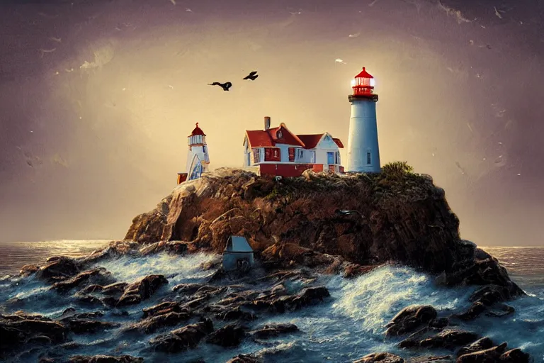 Image similar to a painting of a lighthouse built on seashore rocky cliff with waves crashing into the rocks and sea birds flying on a starry night, in the style of ray caesar, digital art