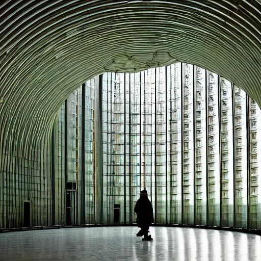 Prompt: circular building by Sir David Adjaye, inside green park, night vision,