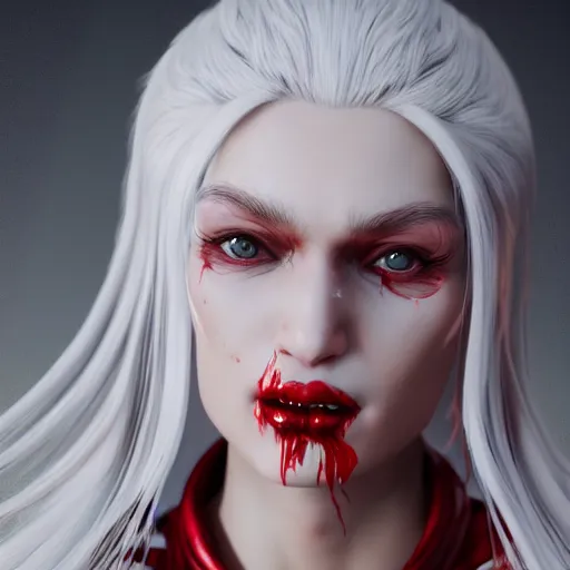 Prompt: a highly detailed beautiful portrait of a humanoid demon girl with white hair, red horns, in white clothes, artstation, deviantart, professional, unreal engine 5, photorealistic