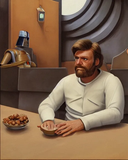 Image similar to rhett sarlin sitting at a table in a cantina on tatooine, portrait by ralph mcquarrie