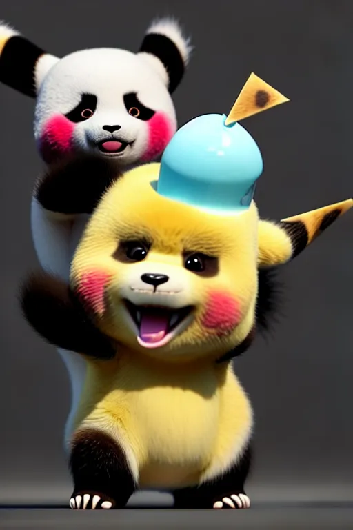 Prompt: high quality 3 d render hyperrealist very cute creepy happy panda & dragon hybrid eating ice cream, vray smooth, in the style of detective pikachu, very dramatic light, low angle, uhd 8 k, shallow depth or field