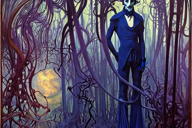 Prompt: realistic extremely detailed portrait painting of an elegantly creepy vampire man dressed as dracula, futuristic sci-fi forest on background by Jean Delville, Amano, Yves Tanguy, Alphonse Mucha, Ernst Haeckel, Edward Robert Hughes, Roger Dean, rich moody colours, blue eyes