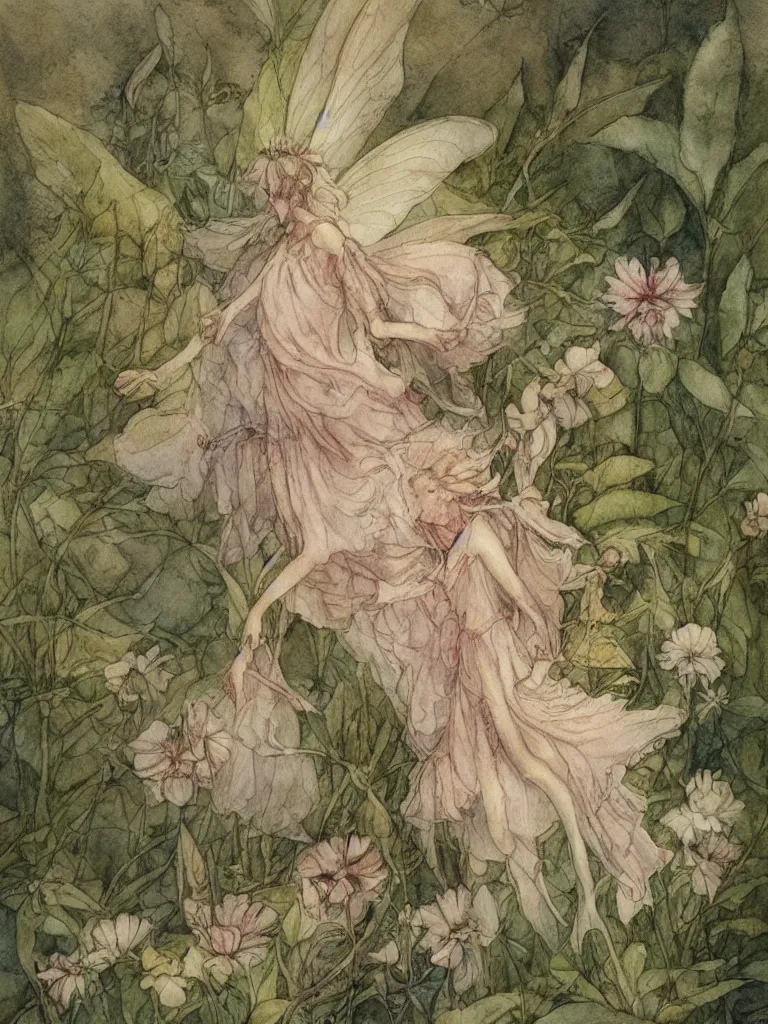 Image similar to annotated study of a flower fairy, illustration, watercolor, alan lee, detailed, pretty, ethereal,