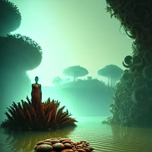 Image similar to creature in a desert lush vegetation, warm tones, night, water reflection, bioluminescent translucent : : by michal karcz, daniel merriam, victo ngai and guillermo del toro : : ornate, dynamic, particulate, intricate, elegant, highly detailed, centered, artstation, smooth, sharp focus, octane render, 3 d