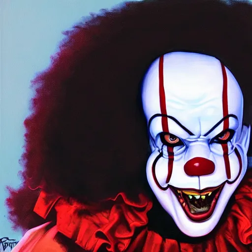 Prompt: portrait painting of trippie redd dressed as pennywise by greg hildebrandt