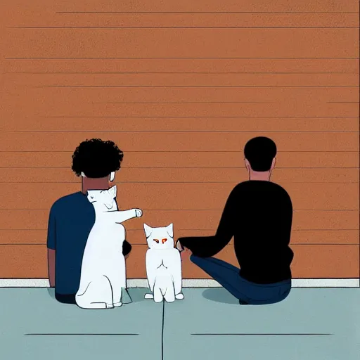 Prompt: a man and a woman sitting down with their white cat, the boy is bald with a brown baseball hat, the girl has short curly black hair, art by Alena Aenami