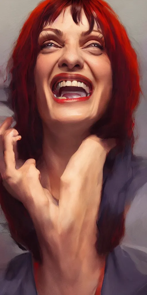 Image similar to Every Mia Wallace ever laughing at you, Darek Zabrocki, Karlkka, Jayison Devadas, Phuoc Quan, trending on Artstation, 8K, ultra wide angle, pincushion lens effect