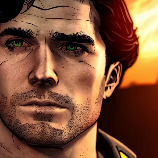 Image similar to henry cavill portrait, borderlands, tales from the borderlands, the wolf among us, comic, cinematic lighting, studio quality, 8 k