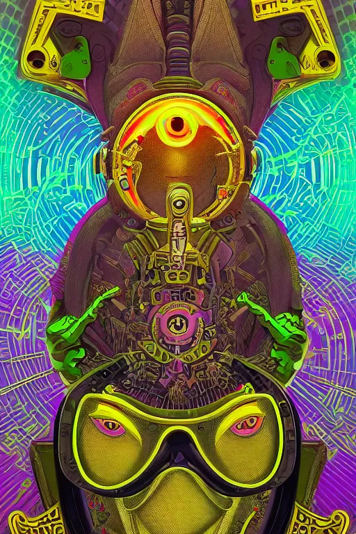 Image similar to a detailed portrait of a fashionable cyberpunk egyptian mayan deity aliens extraterrestrial wearing an ornate cyberdelic gas mask in the style of escher and william blake and stephen gammell and lisa frank in the style of adorable dark fantasy, fantasy, surrealism, crisp, award winning art, vivid colors, cmyk color scheme, low contrast, tilt shift, 8 k