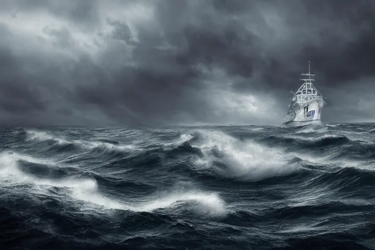 Image similar to a photo of a ship sailing a stormy sea, atmospheric, horror, award - winning photograph, highly detailed shot, cinematic, 8 k uhd