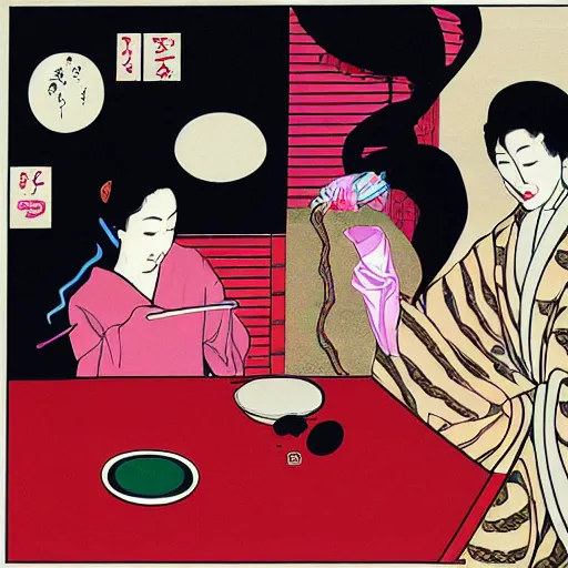 Image similar to Japanese beauty wrapped in a snake having tea with her husband by Toshio Saeki, high detailed