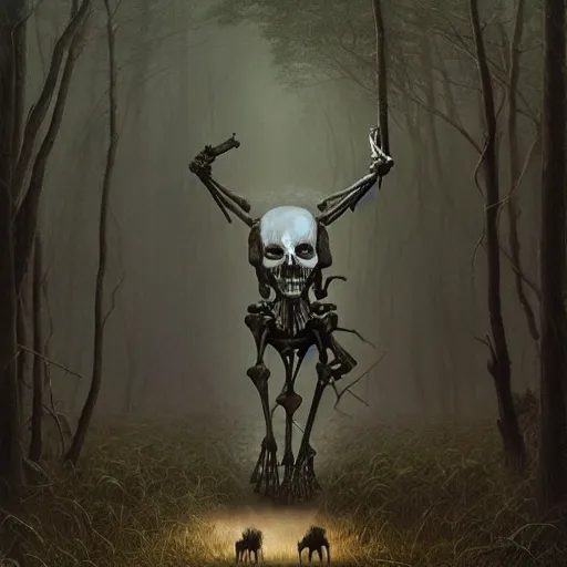 Image similar to a skeletal centaur in a magical forest, Zdzisław Beksiński style. Very detailed 8k