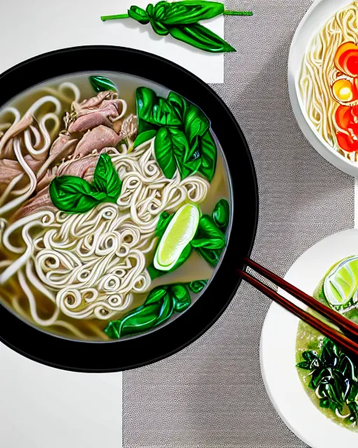 Prompt: realistic photo of delicious pho, ramen, bowl, white kitchen table, cloth, thai basil, highly detailed, by marc haydon, kailee mandel, masterpiece, award winning, food photography