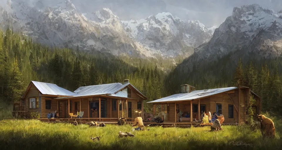 Image similar to cabela's beautiful comfortable community of modular insulated wall container home kit - house all weather military grade family dwelling tent house, person in foreground, mountainous forested wilderness open fields, beautiful views, painterly concept art, environmental concept art, concept art illustration, by james gurney, by craig mullins, by greg rutkowski trending on artstation