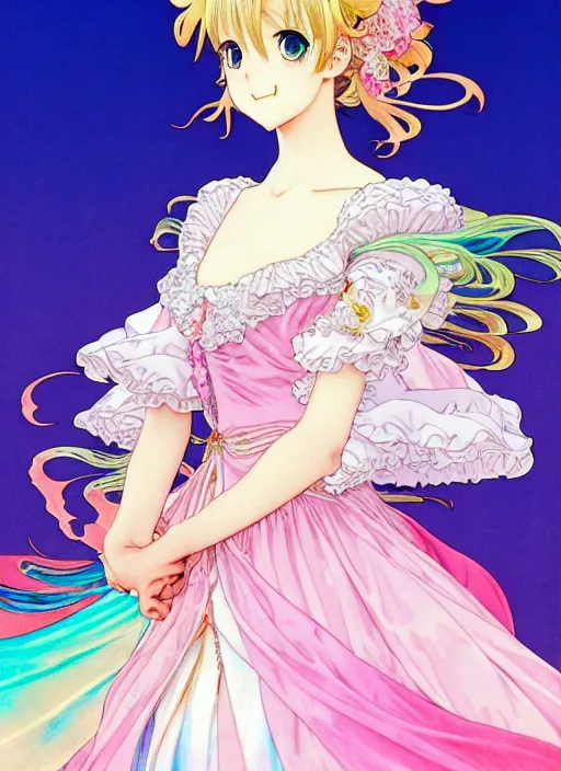 Image similar to manga of beautiful princess, rococo ruffles dress, pastel rainbow, pearlescent, shimmering, reflective, rim light, detailed background, takeshi obata, minaba hideo, shigenori soejima, alphonse mucha, illustration,, artstation, pivix, concept art, highly detailed, colorful, maximalist