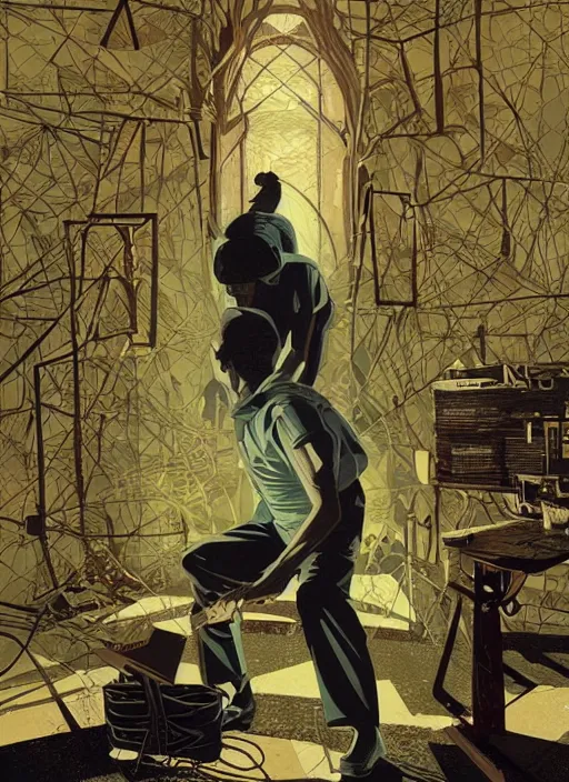 Prompt: poster artwork by Michael Whelan and Tomer Hanuka, Karol Bak of Alfred Hitchcock squatting crouched in the middle of a large empty room, no people, deserted, from scene from Twin Peaks, clean